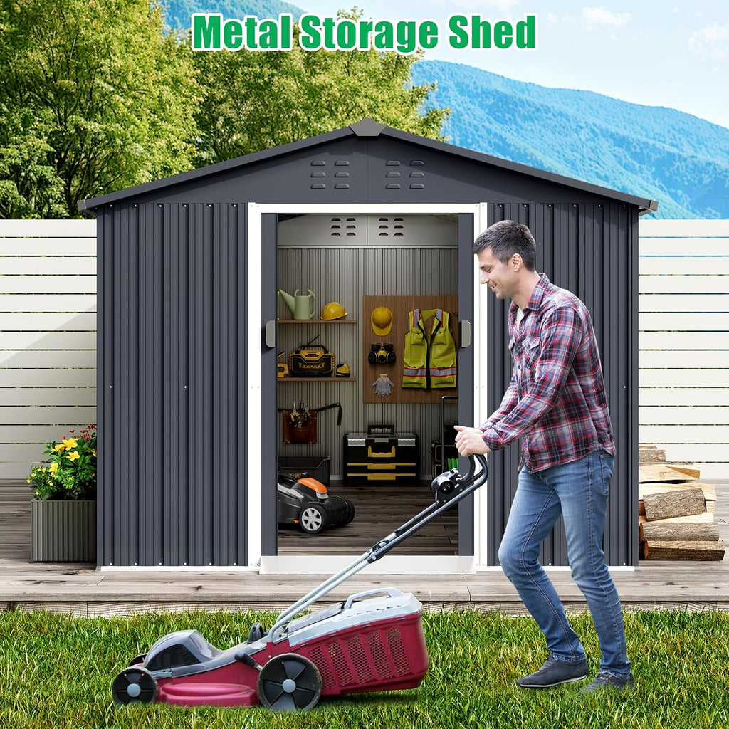 Acekool Outdoor Storage Shed 8x15 Ft & Large Storage Space, Utility Metal Storage Shed with Lockable Sliding Door and Vent, Garden Tool Shed for Organising Tools and Equipment in Yard, Garden, Grey