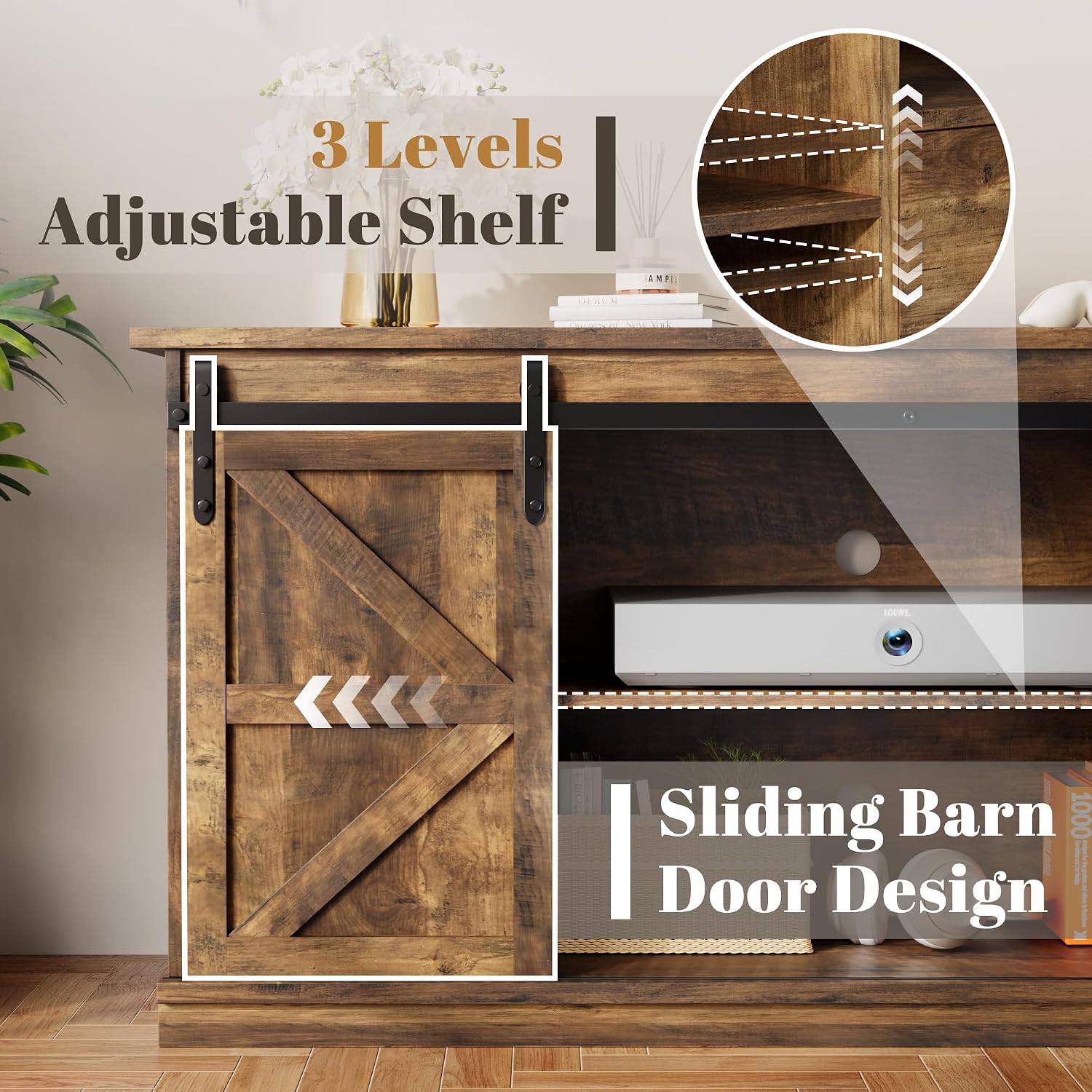 YESHOMY Farmhouse TV Stand for Televisions up to 65 Inch, Wood Entertainment Center with Sliding Barn Doors and 4 Storage Drawers, 58'' Media Console Cabinet with Shelves for Living Room, Barnwood