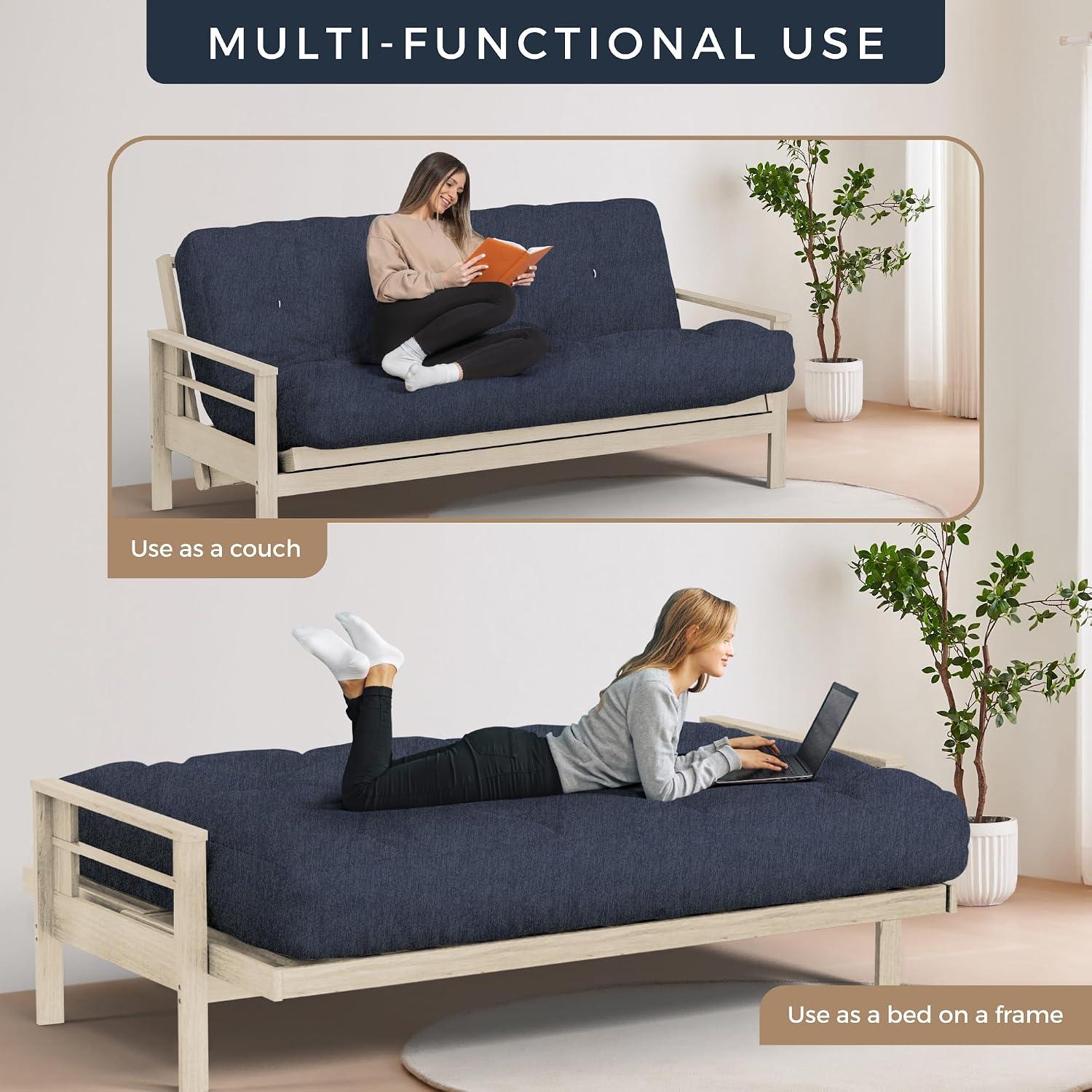 Loosh Home | 8' Full Size Futon Sofa Bed Memory Foam Mattress - USA Made, Charcoal Velvet Chenille, Frame Not Included