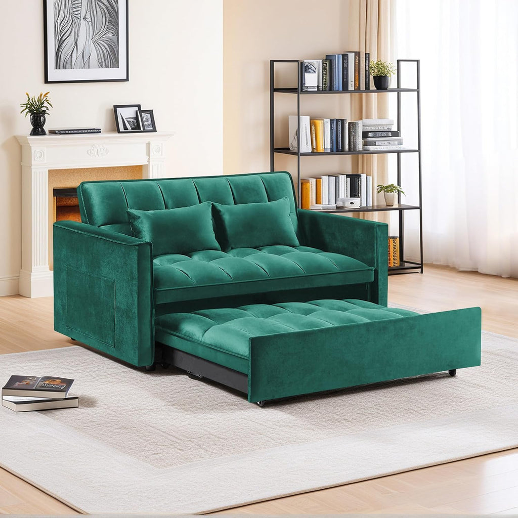 3 in 1 Convertible Sleeper Sofa Bed,Futon Pull Out Couch with Adjustable Backrest,Velvet Fabric Loveseat Sofa with Side Pocket for Bedroom, Living Room