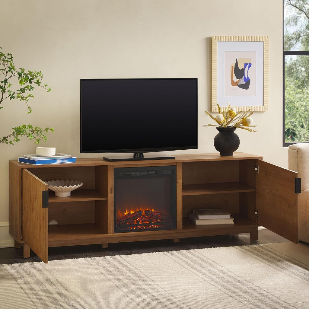 Walker Edison Arundo Reeded TV Stand with Fireplace & Storage, 70' Fireplace, English Oak