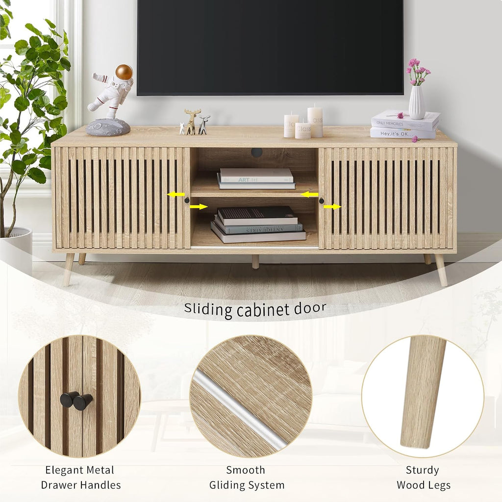 Oubayajia Mid Century Modern TV Stand for Televisions up to 70 Inches, with Sliding Doors and Storage, Television Stands, TV Consoles, Media Consoles for Living Room, 63 Inch (Natural)