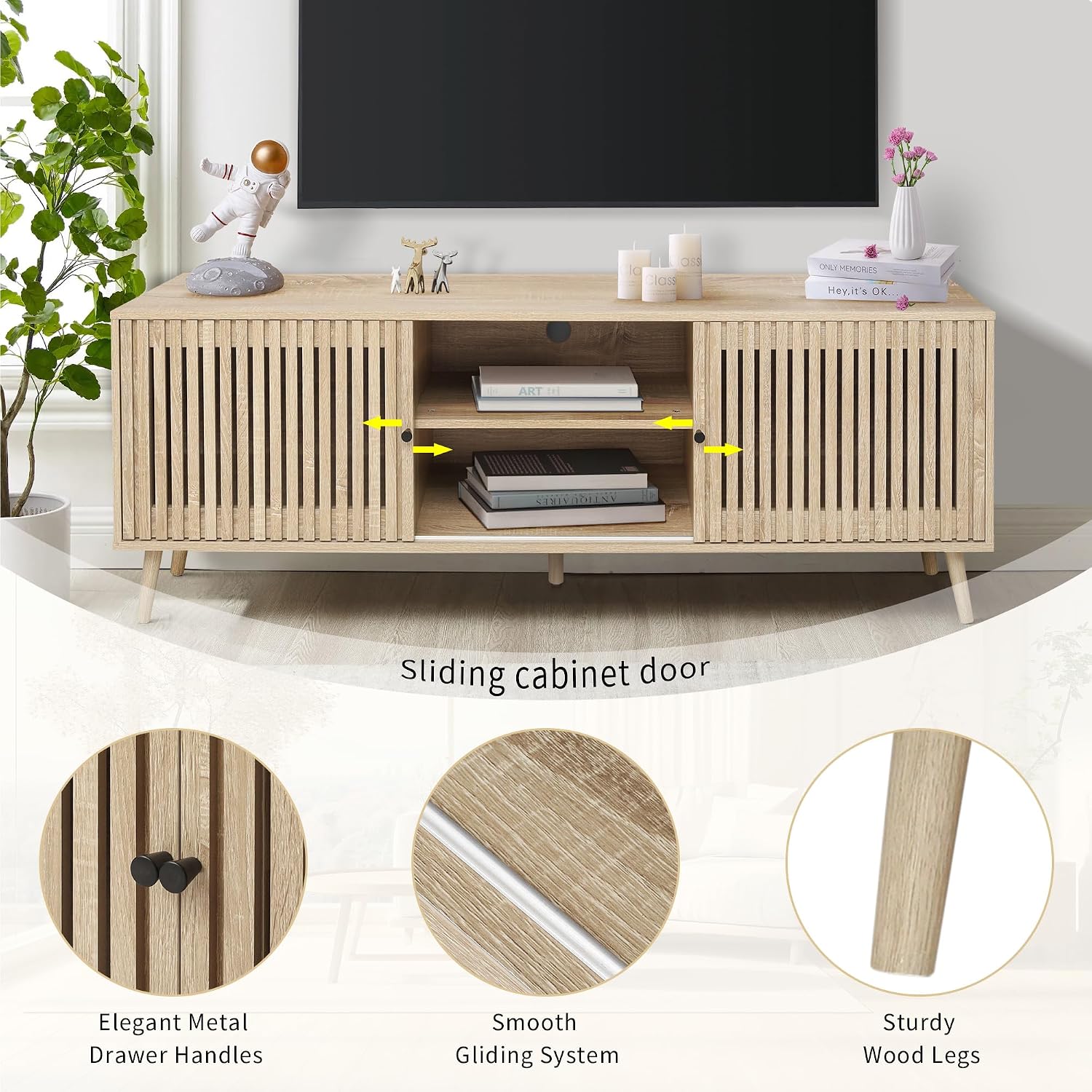 Oubayajia Mid Century Modern TV Stand for Televisions up to 70 Inches, with Sliding Doors and Storage, Television Stands, TV Consoles, Media Consoles for Living Room, 63 Inch (Natural)