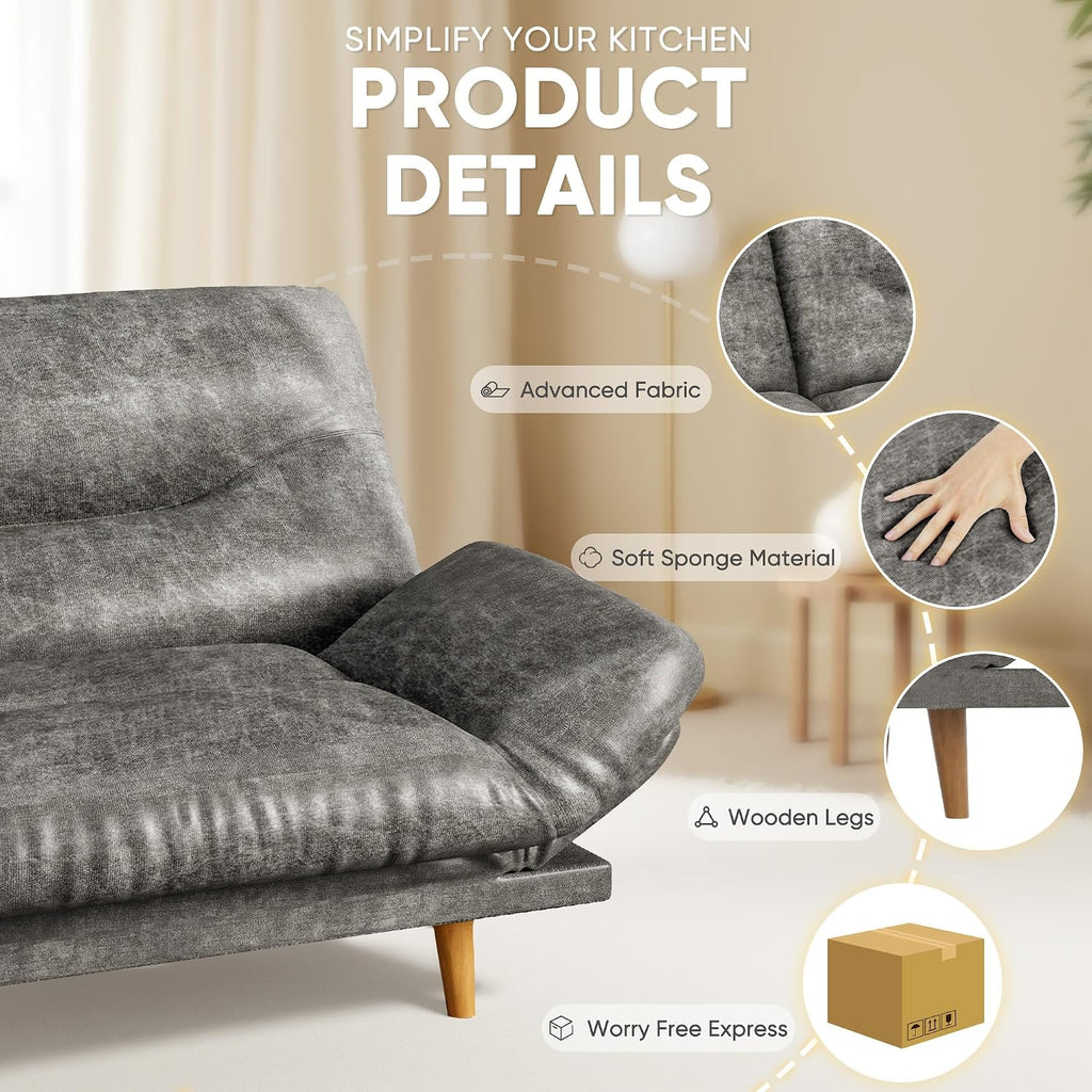 JUMMICO Convertible Futon Sofa Bed, Sleeper Futon Couch with Adjustable Backrest and Armrests, Modern Loveseat with Sturdy Wood Frame for Small Spaces, Apartments (Leathaire, Gray)