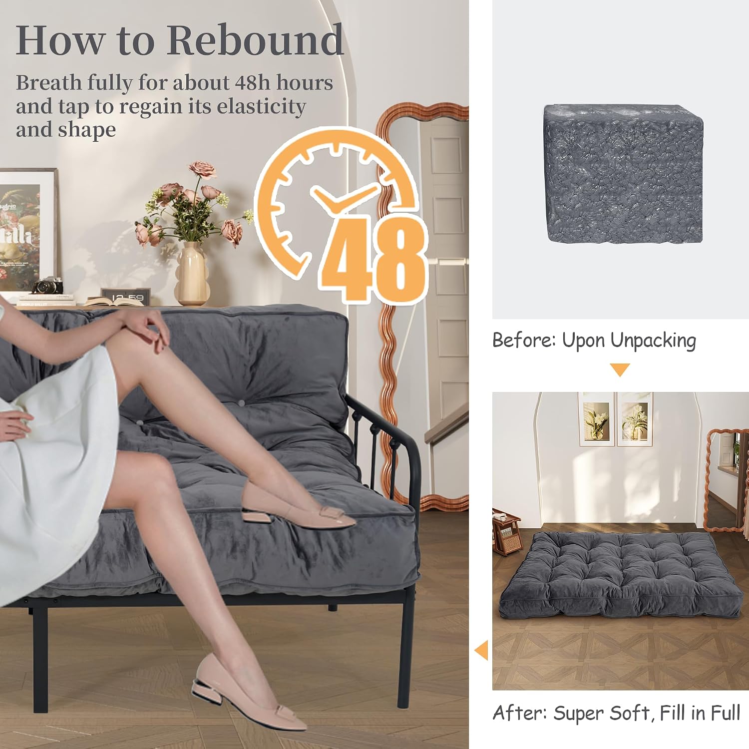8' Queen Size Futon Mattress Sofa Bed, Extra Thick Foldable Floor Mattress, Shredded Foam Filling for Adults/Teens/Pets with No Assembly Needed, Frame Not Included - Dark Grey