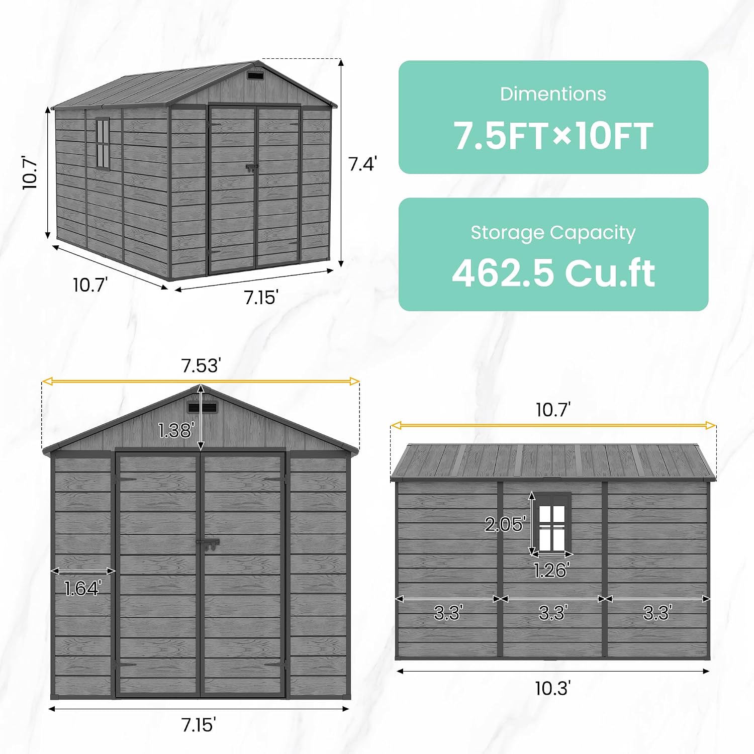 UDPATIO Resin Storage Shed 7.5x10.7 FT, Outdor Plastic Shed for Garden Tools Pool Equipment, Outside Sheds with Lockable Door for Backyard, Patio, Lawn, Dark Grey