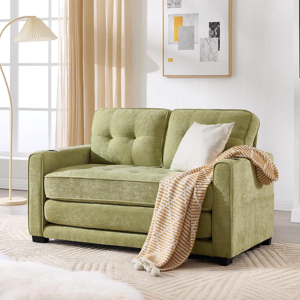 Convertible Sofa Bed, Pull Out Loveseat Sleeper Couch,Linen Fabric 2 in 1 Folding Couch Bed, Fold Out Floor Futon Couches with Cup Holder for Living Room, Bedroom,Small Space, Green