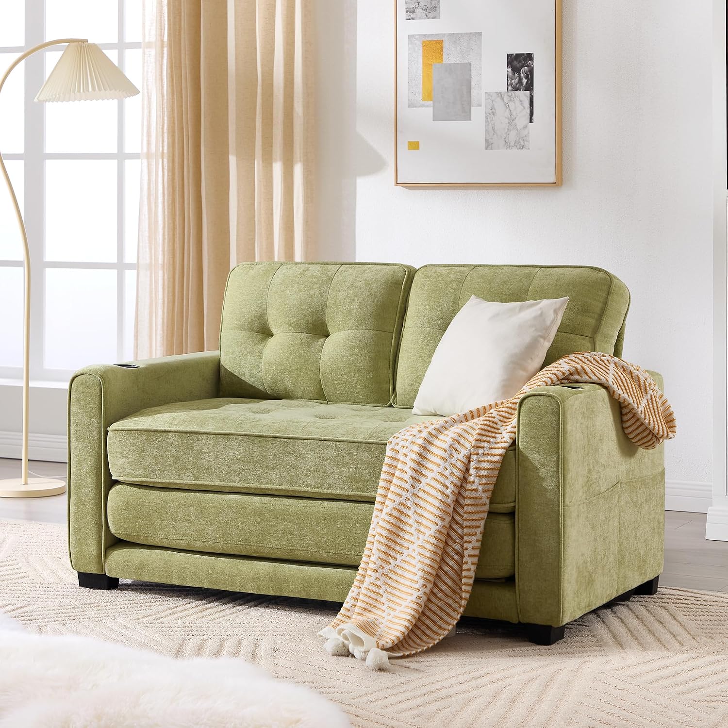 Convertible Sofa Bed, Pull Out Loveseat Sleeper Couch,Linen Fabric 2 in 1 Folding Couch Bed, Fold Out Floor Futon Couches with Cup Holder for Living Room, Bedroom,Small Space, Green