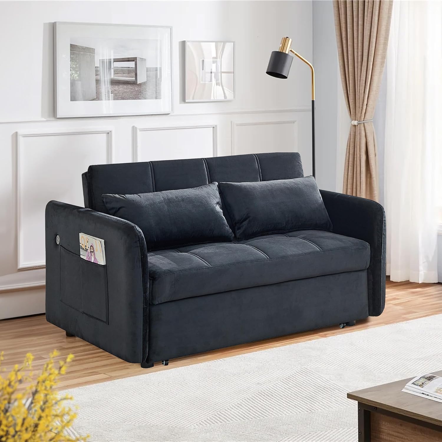 Loveseat Sleeper with USB Ports Velvet Pull Adjustable Backrest, Sofa Bed with Toss Pillows, Futon Couches for Living Room Apartment Office, Black