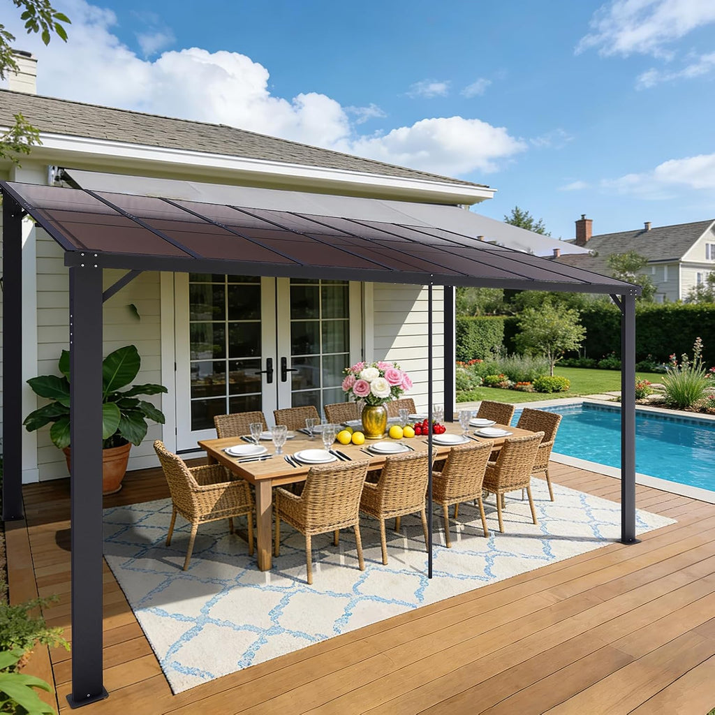 10'×14' Patio Gazebo with Waterproof Fuzzy Strip, Outdoor Gazebo with Innovative Base Support, Wall Mounted Gazebos Pergola with Roof for Backyard, Decks, Garden