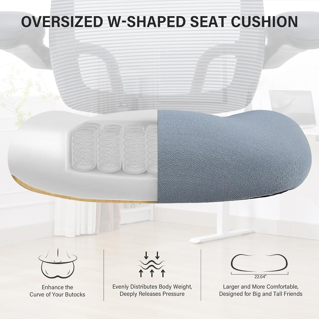 500lbs Big and Tall Office Chair - Heavy Duty Mesh Ergonomic Desk Chair with Headrest, High Back Computer Chair - Flip-up Armrests, Wide Thick Seat Cushion, Quiet Wheels, Grey