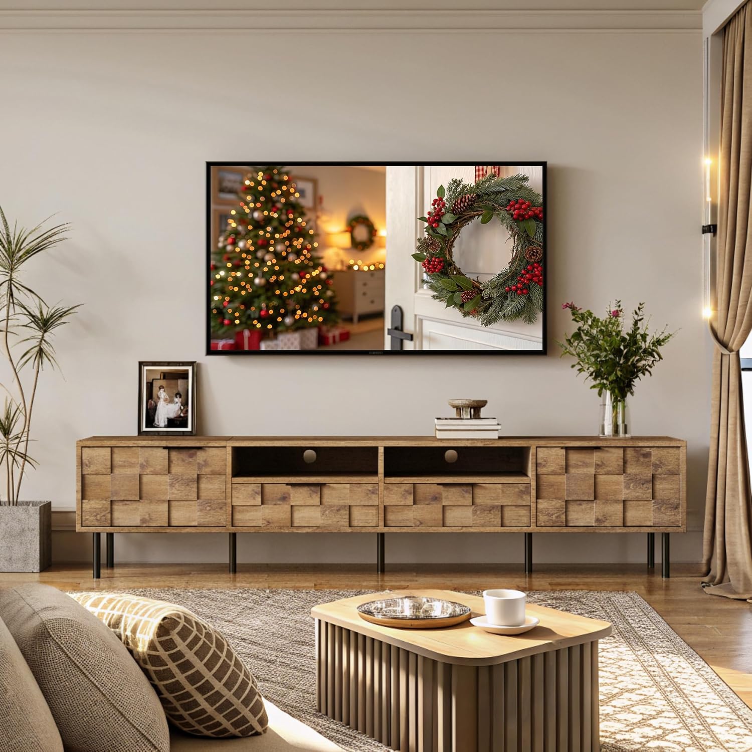 Merax 80' TV Stand for TVs Up to 85', Modern Entertainment Center with 2 Drawers, 2 Doors, and Open Space, Media Console with Unique Mosaic Front Design for Living Room