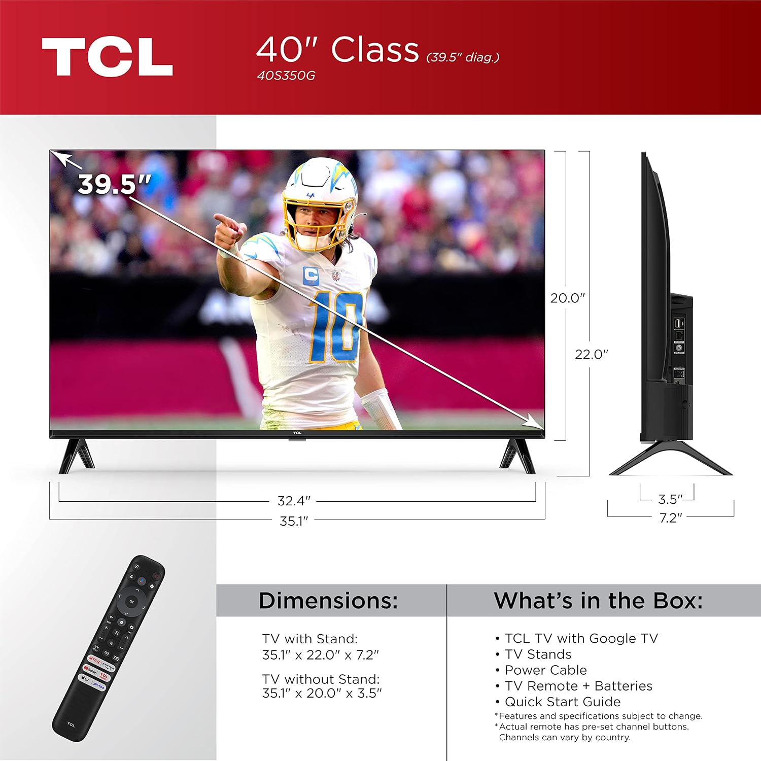 TCL 40-Inch Class S3 1080p LED Smart TV with Google TV (40S350G, 2023 Model), Google Assistant Built-in with Voice Remote, Compatible with Alexa, Streaming FHD Television
