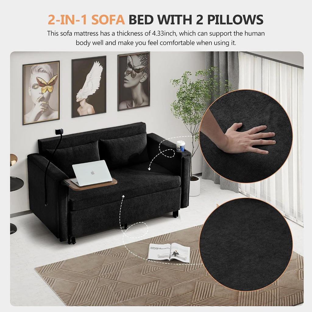 3-in-1 Convertible Sleeper Sofa Couch with Pullout Bed, Loveseat Sleeper Sofa Bed with Hidden Side Table, 56' Full Size Folding Futon Couch for Living Room Guest Room Apartment Home Office (Black)