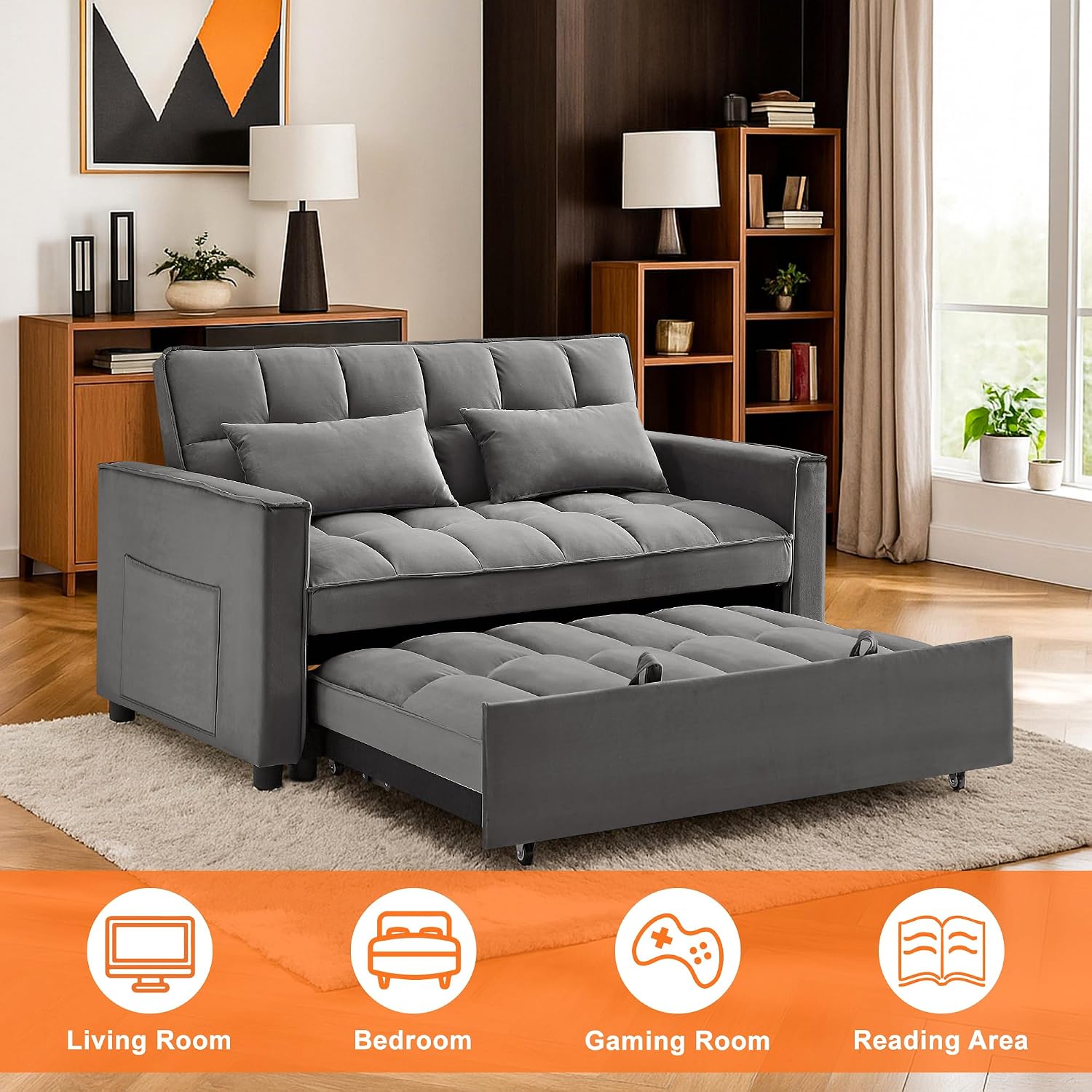 3 in 1 Convertible Sleeper Sofa Bed,Futon Pull Out Couch with Adjustable Backrest,Velvet Fabric Loveseat Sofa with Side Pocket for Bedroom, Living Room
