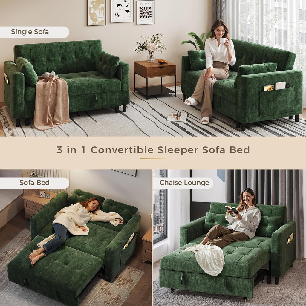 KKL 3 in 1 Convertible Small Sleeper Sofa Bed, Pull Out Couch Bed with Adjustable Backrest, Chenille Loveseat Pullout Couches with Side Pocket for Living Room, Bedroom,Green