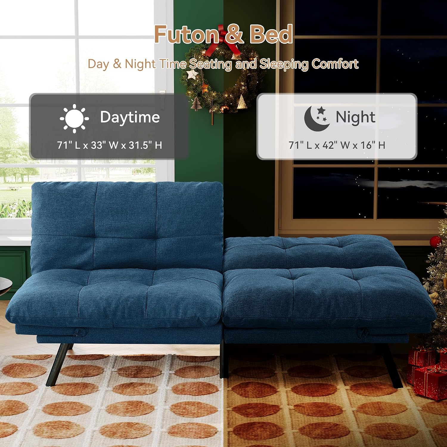 Convertible Futon Sofa Bed,71' Modern Fabric Futon Couch with Adjustable Backrest&Armrest,Small Loveseat Sleeper Sofa,Dorm Futonsofa for Apartment,Living Room,Detachable Cushions,Navy Blue