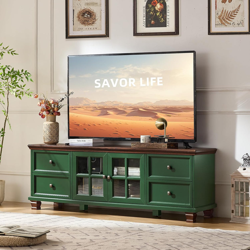 SAVOR LIFE Farmhouse TV Stand for Living Room, Rustic Green Entertainment Center with Storage Cabinet,Wood TV Console with 4 Drawers,Modern TV Stands for Bedroom,Green