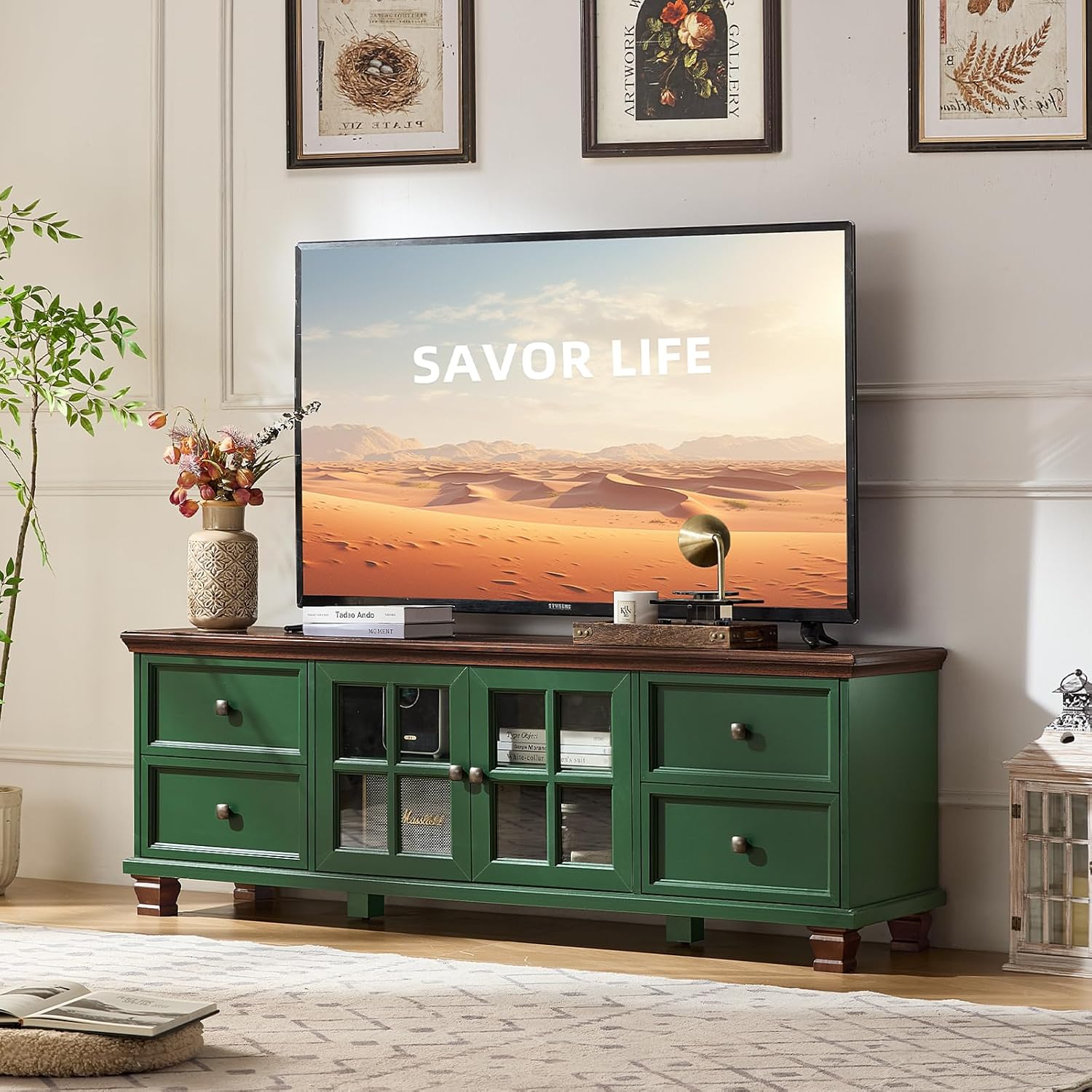 SAVOR LIFE Farmhouse TV Stand for Living Room, Rustic Green Entertainment Center with Storage Cabinet,Wood TV Console with 4 Drawers,Modern TV Stands for Bedroom,Green