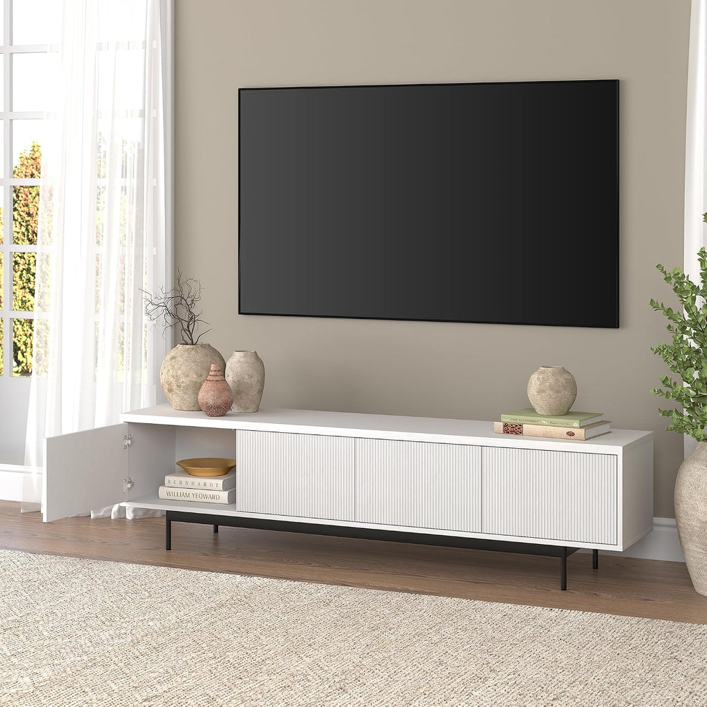 Henn&Hart Fluted TV Stand for TVs up to 85' with 2 Open-Concept Ribbed Storage Cabinets for Living Room, Family Room, or Office, Cloud White
