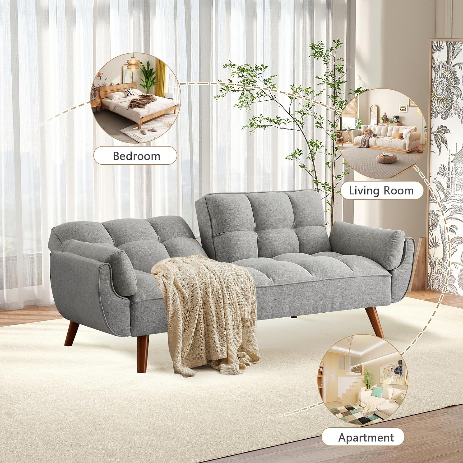 75' Convertible Futon Sofa Bed, Sleeper Couch Bed with Adjustable Backrest, Small Couches for Small Spaces, Living Room, Bedroom and Office (Gray)