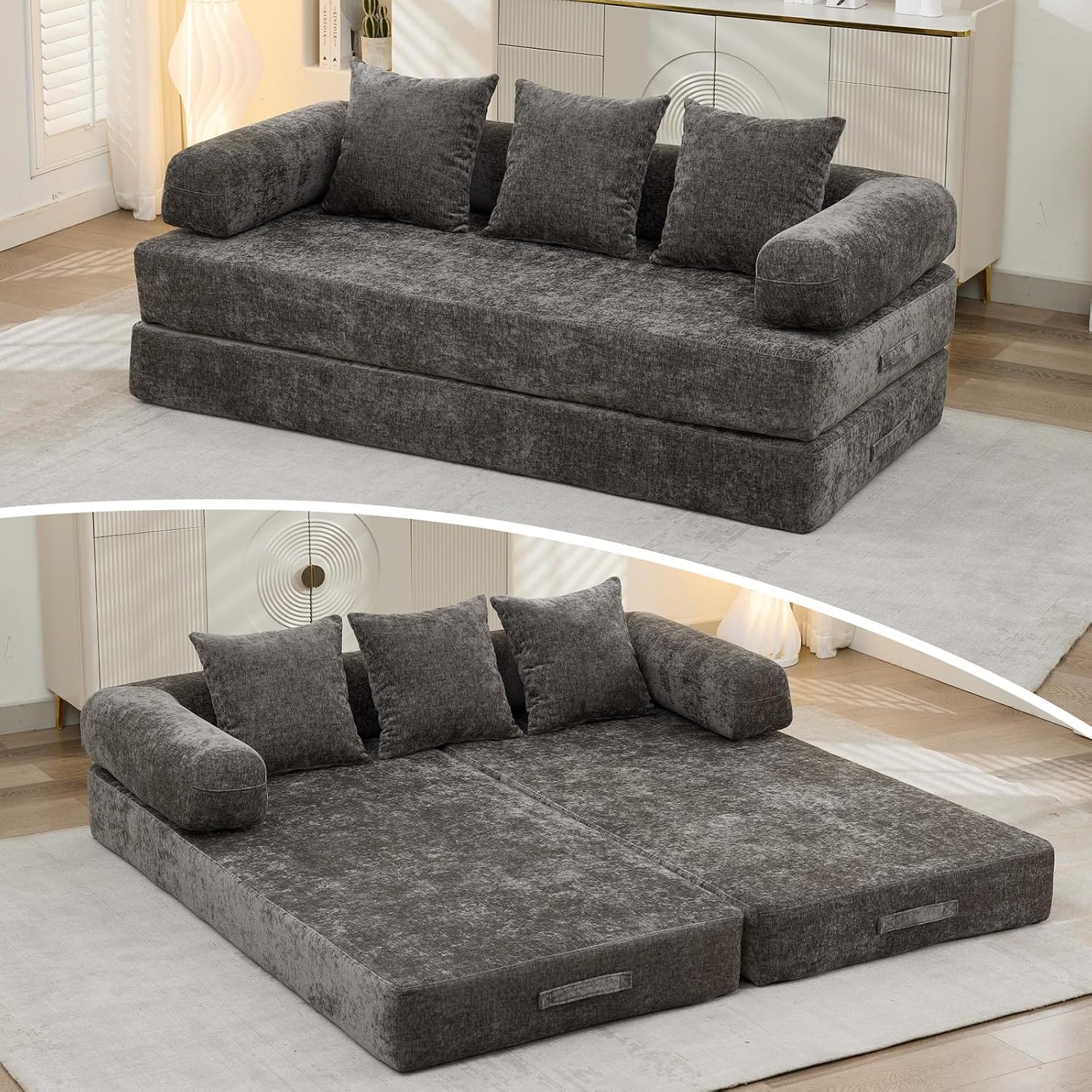Futon Sofa Bed, Modular Convertible Folding 3 Seater Chenille Foam Floor Loveseat Sleeper Sofa Couch with 3 Pillows, No Assembly Compressed Boneless Couch, for Living Room Bedroom Guest Room, Grey