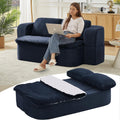 Futon Sofa Bed with Blanket, Convertible Folding Boneless Compressed Faux Fur Memory Foam Floor Loveseat Sleeper Sofa Couch Full Size Bed with Pillows for Guest Room Living Room Small Space, Blue