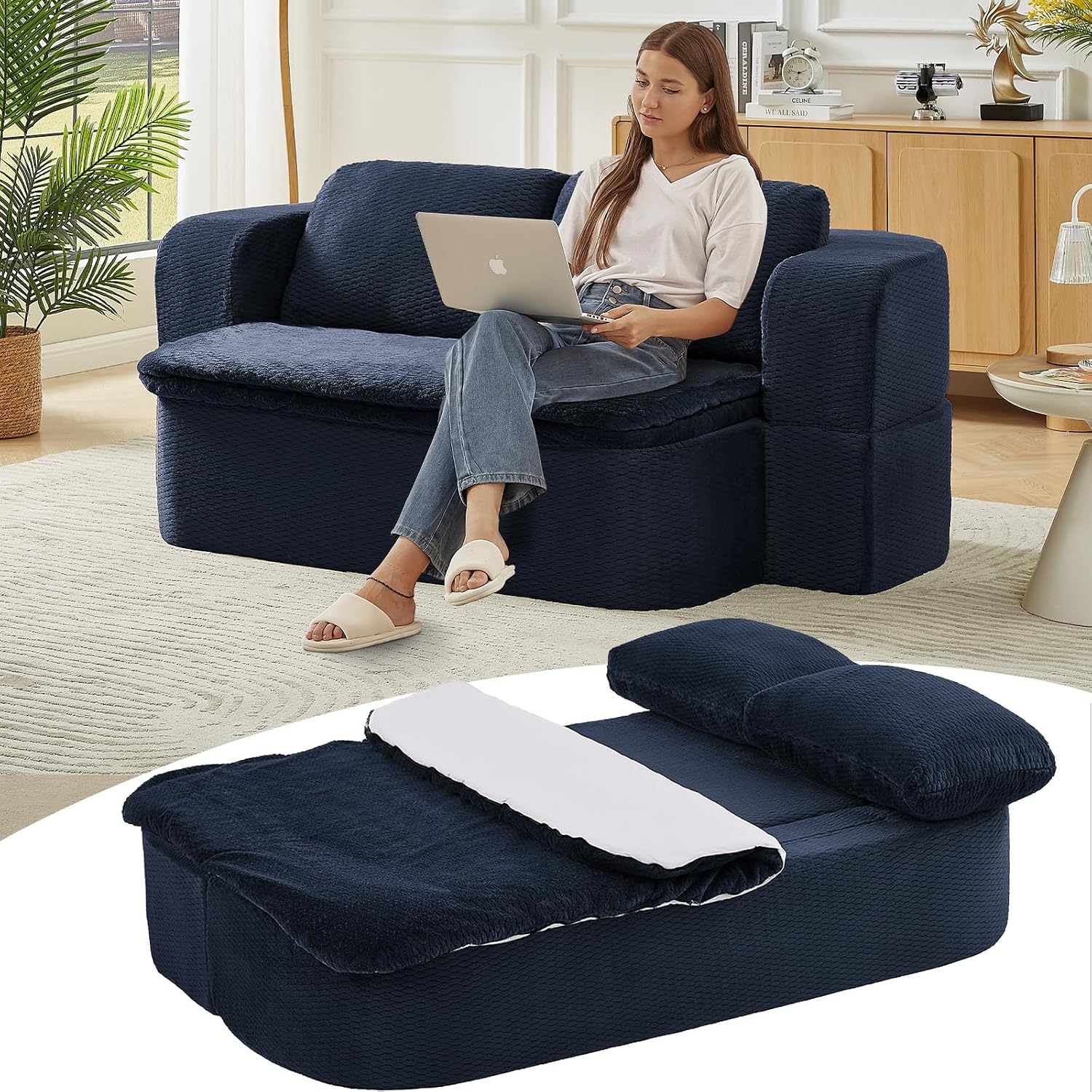 Futon Sofa Bed with Blanket, Convertible Folding Boneless Compressed Faux Fur Memory Foam Floor Loveseat Sleeper Sofa Couch Full Size Bed with Pillows for Guest Room Living Room Small Space, Blue