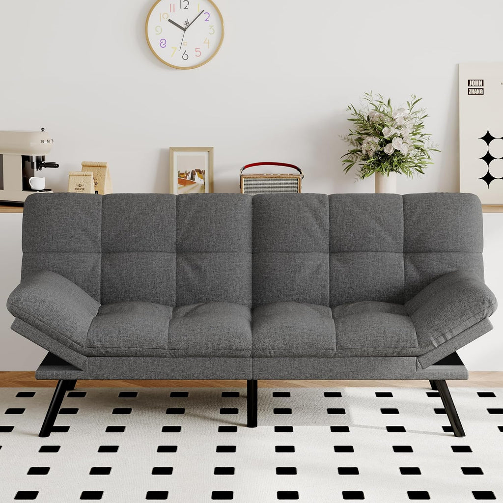 Futon Sofa Bed Convertible Couch, Grey Linen Sofa Bed with Memory Foam, Adjustable Backrest & Armrests, Multifunctional Small Loveseat Sleeper Sofa for Living Room, Apartment, Office