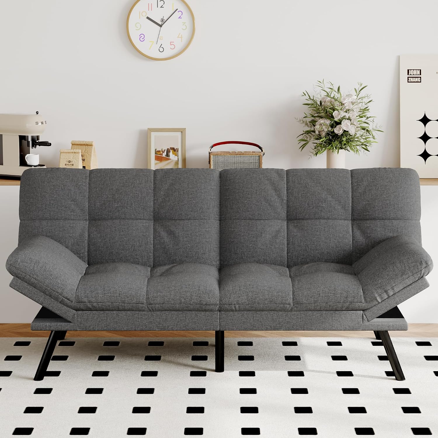 Futon Sofa Bed Convertible Couch, Grey Linen Sofa Bed with Memory Foam, Adjustable Backrest & Armrests, Multifunctional Small Loveseat Sleeper Sofa for Living Room, Apartment, Office