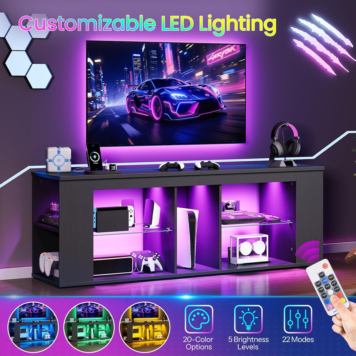 CHOEZON 55' TV Stand for up to 65' TVs with RGB LED Lights, Built-in Power Outlet, Adjustable Glass Shelves & Open Storage, Modern Media Console for Living Room & Game Room, Black MDS05UDBB