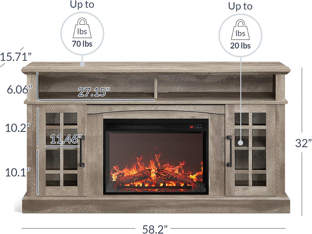 BELLEZE Traditional 58' Rustic TV Stand with 23' Electric Fireplace Heater with Sound, Media Entertainment Center Console Table for TV up to 65' with Open Storage Shelves and Cabinets - Ashland Pine