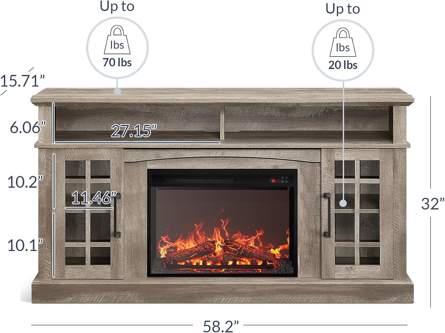 BELLEZE Traditional 58' Rustic TV Stand with 23' Electric Fireplace Heater with Sound, Media Entertainment Center Console Table for TV up to 65' with Open Storage Shelves and Cabinets - Ashland Pine