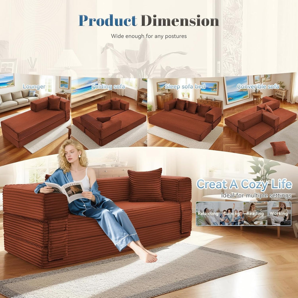 Convertible Sofa Bed,5-in-1FoldIing Couch Bed with Removable Armrests,Modular Futon Sleeper Sofa in Box with Pull Out Beds,Compression Boneless Couch for Living Room,Orange