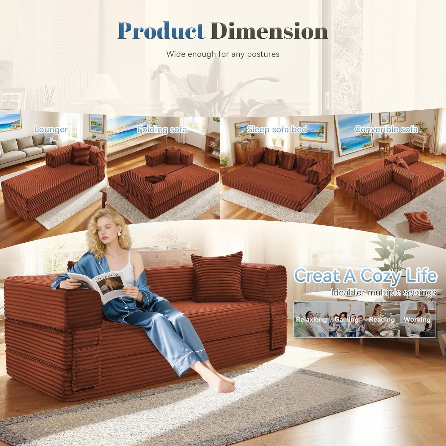 Convertible Sofa Bed,5-in-1FoldIing Couch Bed with Removable Armrests,Modular Futon Sleeper Sofa in Box with Pull Out Beds,Compression Boneless Couch for Living Room,Orange