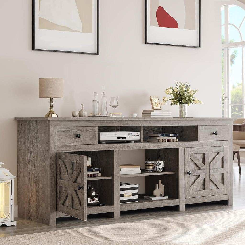 YITAHOME TV Stand for 75/80 Inch TV, Farmhouse Entertainment Center with Storage, 70 Inch TV Cabinet with Drawers and Power Outlet, TV Console for Living Room (Grey Oak)