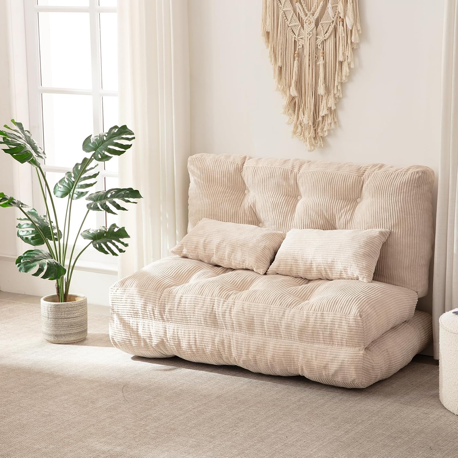 Folding Sofa Bed, Convertible Sleeper Chair with Pillow Foldable Mattress with Back Support, Portable Fold Out Chair Bed Comfy Floor Sofa Lounge for Living Room Bedroom, Beige Full 80x54 Inch