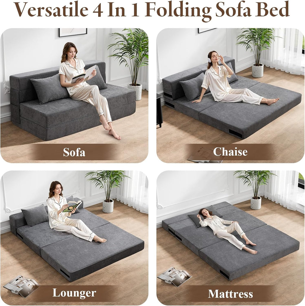 HOMFINE Folding Sofa Bed - Convertible Sleeper Chair with Pillow, Fold Out Couch, Memory Foam Floor Mattress, Futon Couch, Lazy Sofa for Living Room/Dorm/Guest Room/Home Office, Queen, Grey
