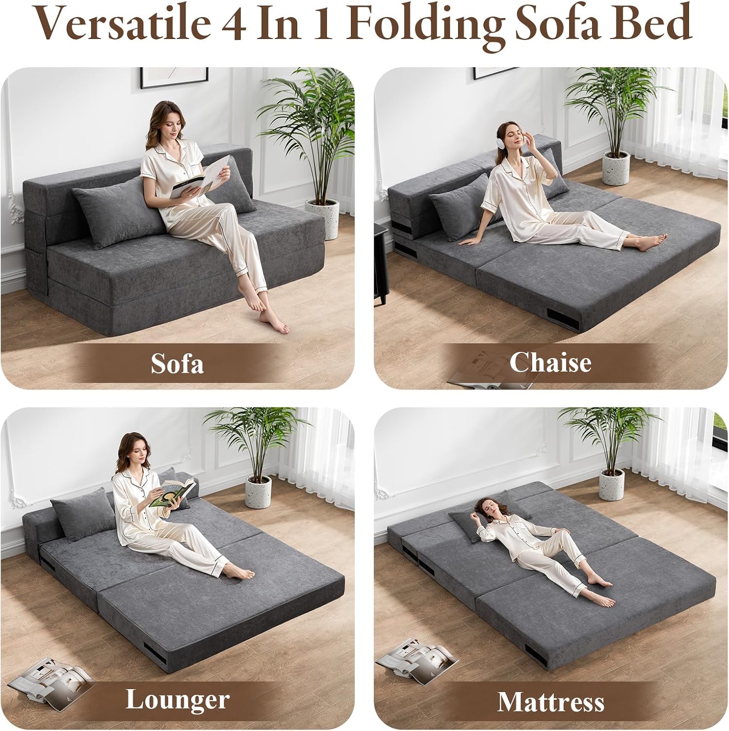 HOMFINE Folding Sofa Bed - Convertible Sleeper Chair with Pillow, Fold Out Couch, Memory Foam Floor Mattress, Futon Couch, Lazy Sofa for Living Room/Dorm/Guest Room/Home Office, Queen, Grey