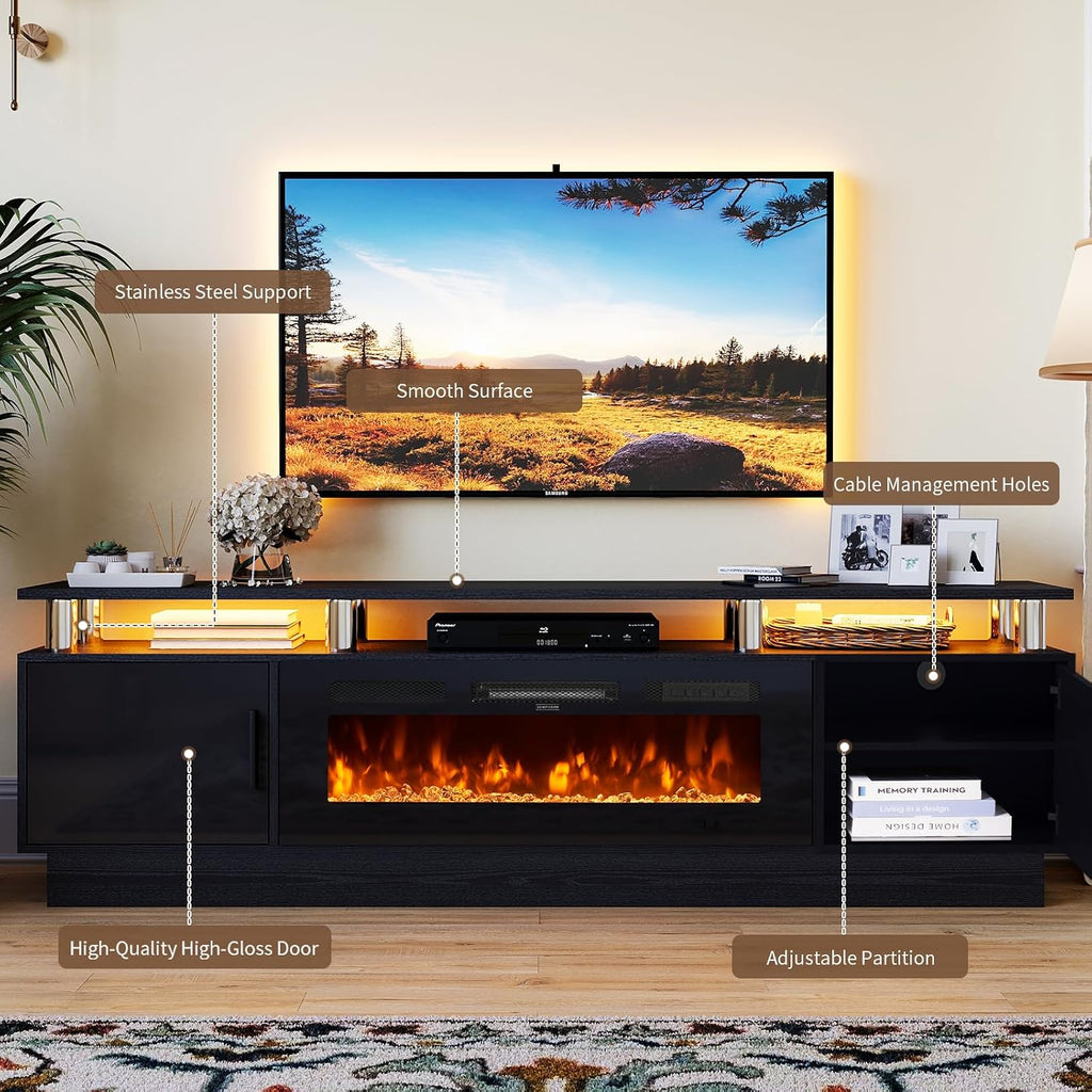 70' TV Stand for Living Room, Modern Entertainment Center & Media Console, Fits TVs up to 80', Storage Cabinet with Shelves, 36' Electric Fireplace with LED Flame (All Black)