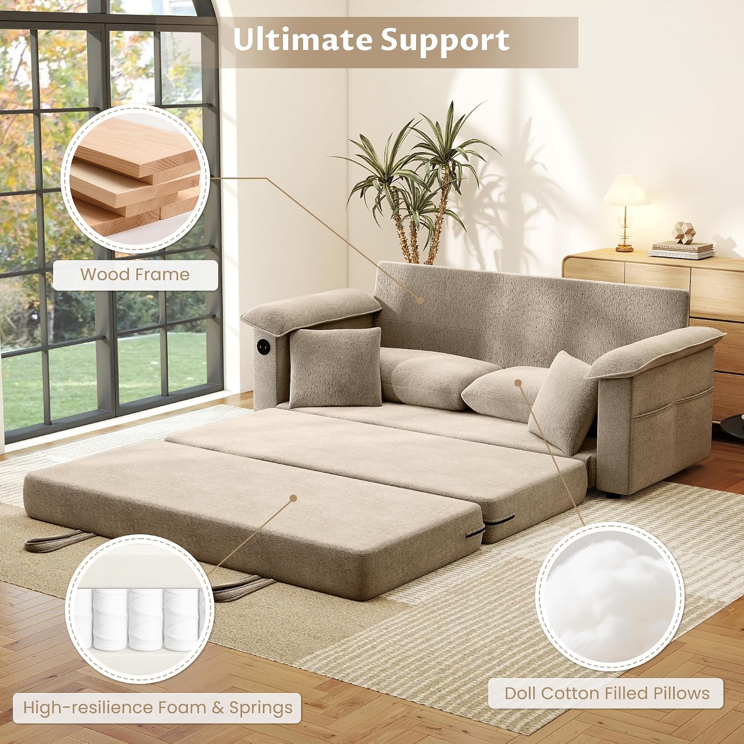 SUNWAVE 77' Sleeper Sofa Convertible Sofa Bed with USB Ports & Side Pockets, Chenille Loveseat Pull Out Couch with Full Size Sleeping Area, Folding Sofa Bed for Living Room & Small Spaces (Khaki)