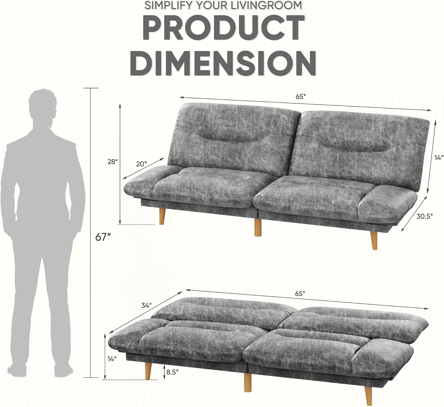 JUMMICO Convertible Futon Sofa Bed, Sleeper Futon Couch with Adjustable Backrest and Armrests, Modern Loveseat with Sturdy Wood Frame for Small Spaces, Apartments (Leathaire, Gray)