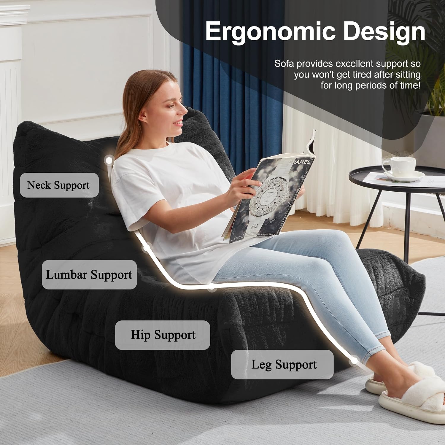 Bean Bag Chairs for Adults Giant Bean Bag Chair Memory Foam BeanBag Chair Bean Bag Sofa with Filler Faux Fur Fireside Beanbags Lazy Sofa for Living Room Bedroom Office (Black Plush, Single)