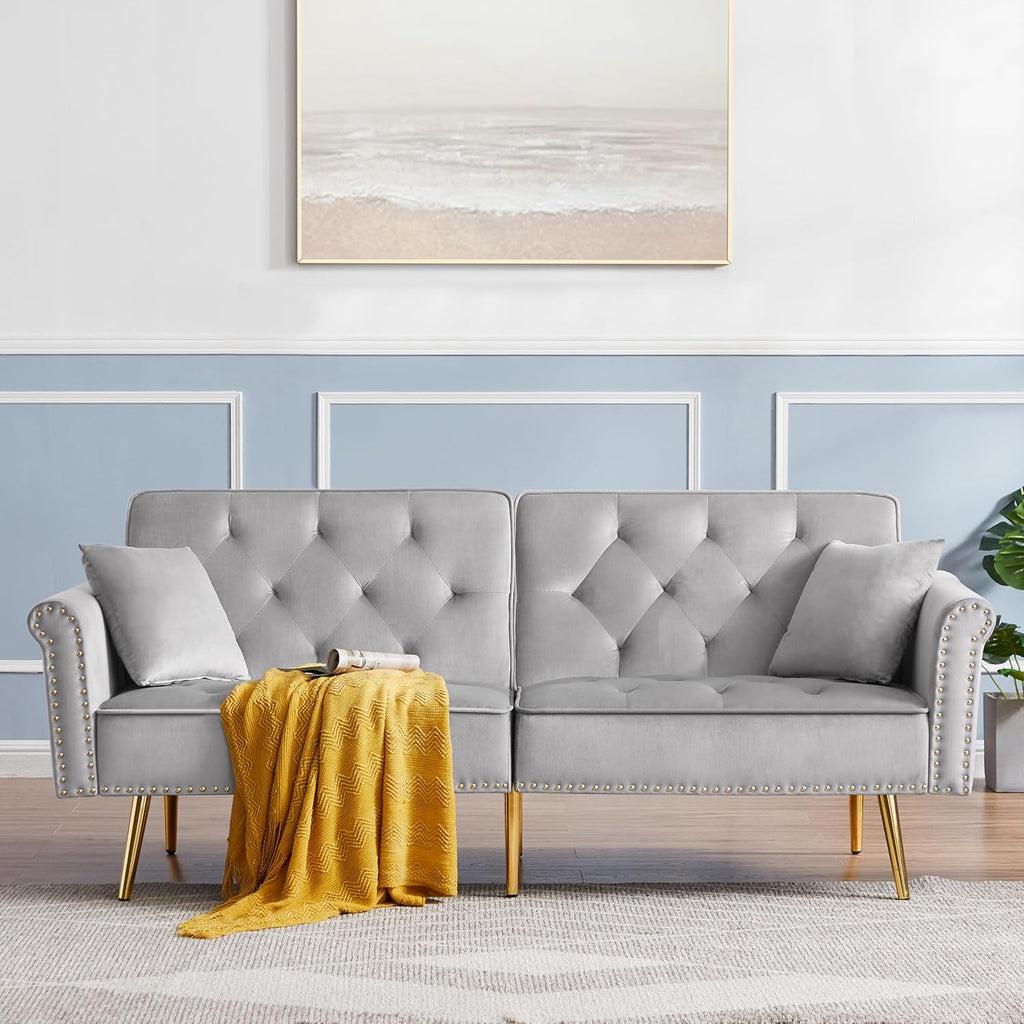 hansones 69.6' Velvet Tufted Sofa Couch, Copper Nail Decoration Accent Sofa with Metal Legs, 2 Pillows & Nailhead Trim, Convertible Futon Couch Sleeper Sofa Loveseat Futon Sofa Bed for Living Room