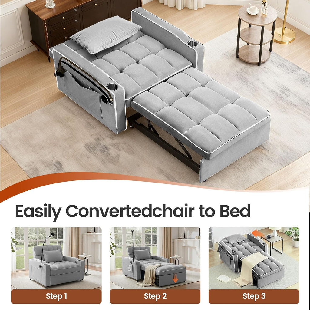 Sleeper Chair, Pull Out Chair Sleeper with Bracket and Cup Holder, Single Convertible Chairs Bed Sleepers for Adults, 3 in 1 Sofa Bed Chairs for Small Spaces, Living Room, Gray