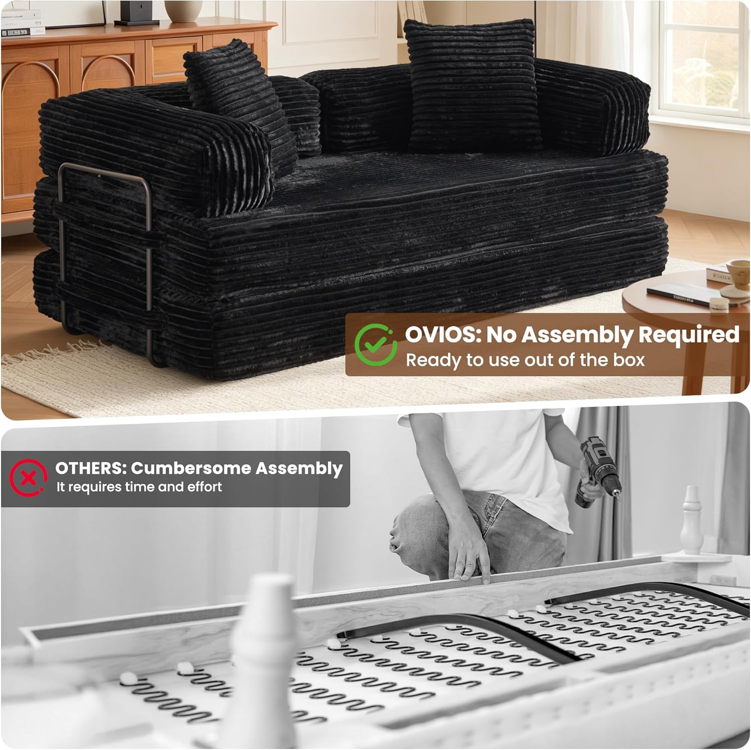 ovios 81' Folding Sofa Bed, Foldable Sleeper Boneless Couch with Pull Out Beds, Modular Convertible Floor Futon Loveseat Lounger for Living Room (Faux Fur, Black)