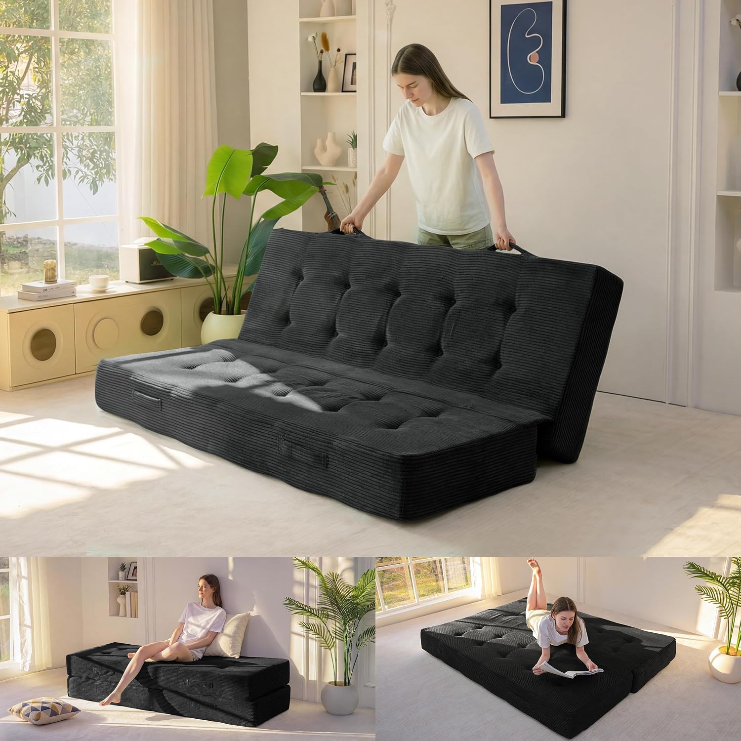 MAXYOYO 8' Foldable Floor Sofa Bed, Tufted Foldable Couch Bed Thick Folding Mattress with Handles, Versatile Folding Sofa Couch for Floor Sleeping, Living Room & Guest Room, Black