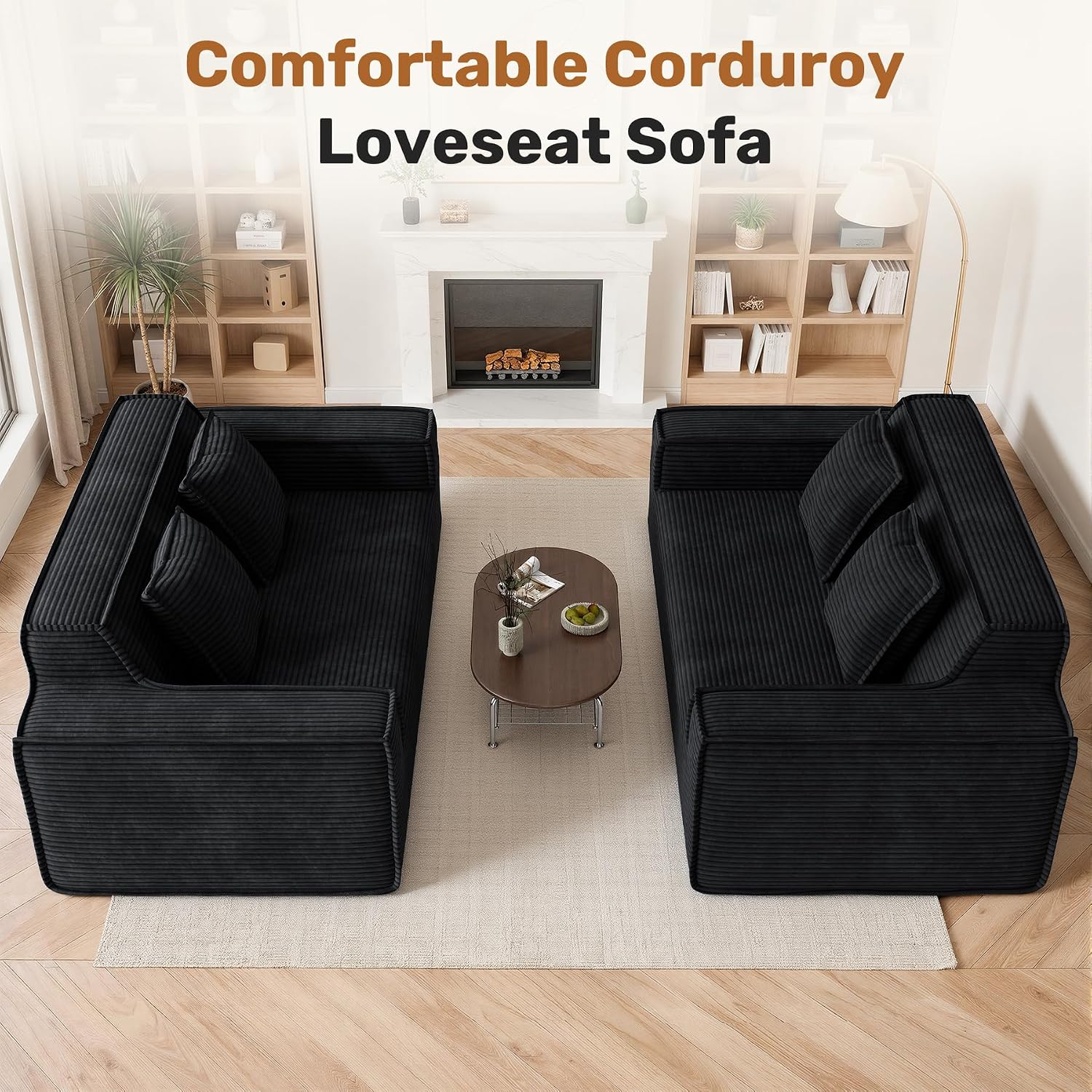 75'' Modern Cloud Loveseat Sofa Set of 2, No Assembly Required Comfy Deep Seat Couches 2 pcs for Living Room, Bedroom, Apartment (Corduroy-Black)