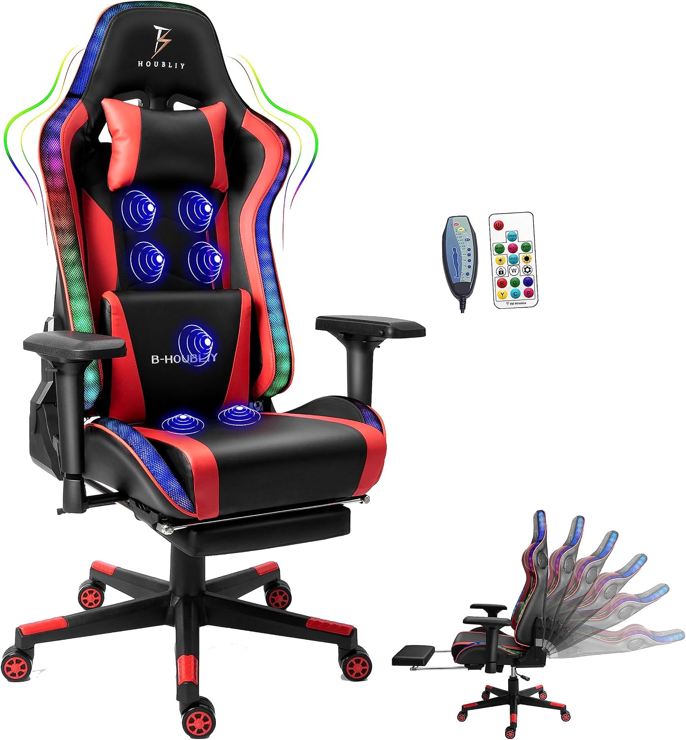 RGB LED Light Ergonomic Gaming Chair - Built-in Speakers, Full Body Massage, High-Back Office Recliner with Footrest - Comfortable Computer Chair Ideal for Adults and Teens.,Red