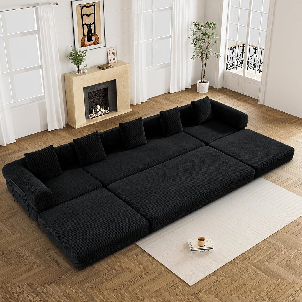 DAMAIFROM Convertible Sleeper Sofa Bed with Cylindrical Pillow,Corduroy Folding Mattress Couch with Fixed-Shape Frame,Modular Floor Sofa Lounge Couch for Living Room Bedroom Lounge,158.6',Black